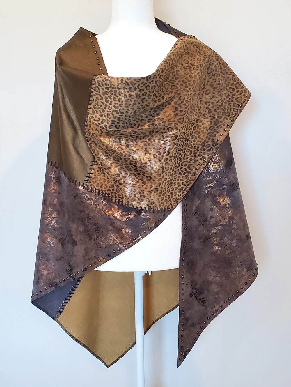 Chico's Whipstiched Leather Patchwork Leopard/Solid/Metallic Shawl Wrap, EUC